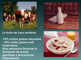 La leche de vaca contiene:
•70% ácidos grasos saturados
• 30% ácidos grasos poli
insaturados
Esta estructura favorece la
formación de prosta-
glandinas y leucotrienos
inflamatorios
 