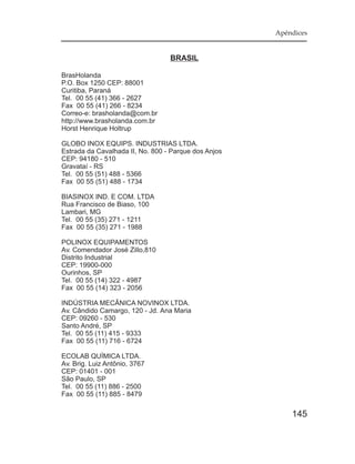 Apéndices


                                  BRASIL

BrasHolanda
P.O. Box 1250 CEP: 88001
Curitiba, Paraná
Tel. 00 55 (41) 366 - 2627
Fax 00 55 (41) 266 - 8234
Correo-e: brasholanda@com.br
http://www.brasholanda.com.br
Horst Henrique Holtrup

GLOBO INOX EQUIPS. INDUSTRIAS LTDA.
Estrada da Cavalhada II, No. 800 - Parque dos Anjos
CEP: 94180 - 510
Gravataí - RS
Tel. 00 55 (51) 488 - 5366
Fax 00 55 (51) 488 - 1734

BIASINOX IND. E COM. LTDA
Rua Francisco de Biaso, 100
Lambari, MG
Tel. 00 55 (35) 271 - 1211
Fax 00 55 (35) 271 - 1988

POLINOX EQUIPAMENTOS
Av. Comendador José Zillo,810
Distrito Industrial
CEP: 19900-000
Ourinhos, SP
Tel. 00 55 (14) 322 - 4987
Fax 00 55 (14) 323 - 2056

INDÚSTRIA MECÂNICA NOVINOX LTDA.
Av. Cândido Camargo, 120 - Jd. Ana Maria
CEP: 09260 - 530
Santo André, SP
Tel. 00 55 (11) 415 - 9333
Fax 00 55 (11) 716 - 6724

ECOLAB QUÍMICA LTDA.
Av. Brig. Luiz Antônio, 3767
CEP: 01401 - 001
São Paulo, SP
Tel. 00 55 (11) 886 - 2500
Fax 00 55 (11) 885 - 8479


                                                          145
 