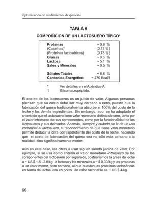 Optimización de rendimientos de quesería



                                 TABLA 9
          COMPOSICIÓN DE UN LACTOSUERO TÍPICO*

                 Proteínas                          ~ 0.9 %
                 (Caseínas)1                        (0.13 %)
                 (Proteínas lactoséricas)           (0.78 %)
                 Grasas                             ~ 0.3 %
                 Lactosa                            ~ 5.1 %
                 Sales y Minerales                  ~ 0.5 %

                 Sólidos Totales                   ~ 6.8 %
                 Contenido Energético           ~ 270 Kcal/l

                 *        Ver detalles en el Apéndice A.
                 1        Glicomacropéptido.

El costeo de los lactosueros es un juicio de valor. Algunas personas
piensan que su costo debe ser muy cercano a cero, puesto que la
fabricación del queso tradicionalmente absorbe el 100% del costo de la
leche y los demás ingredientes. Sin embargo, aquí se ha adoptado el
criterio de que el lactosuero tiene valor monetario distinto de cero, tanto por
el valor intrínseco de sus componentes, como por la funcionalidad de los
lactosueros y sus derivados. Además, siempre y cuándo se le de un uso
comercial al lactosuero, el reconocimiento de que tiene valor monetario
permite deducir la cifra correspondiente del costo de la leche, haciendo
que el costo de fabricación del queso sea no sólo más cercano a la
realidad, sino significativamente menor.

Aún en este caso, las cifras a usar siguen siendo juicios de valor. Por
ejemplo, si se usa como criterio el valor monetario intrínseco de los
componentes del lactosuero por separado, costearíamos la grasa de leche
a ~ US $ 1.5 - 2.0/kg, la lactosa y los minerales a ~ $ 0.30/kg y las proteínas
a un valor menor, pero cercano, al que cuestan las proteínas lactoséricas
en forma de lactosuero en polvo. Un valor razonable es ~ US $ 4/kg.




66
 