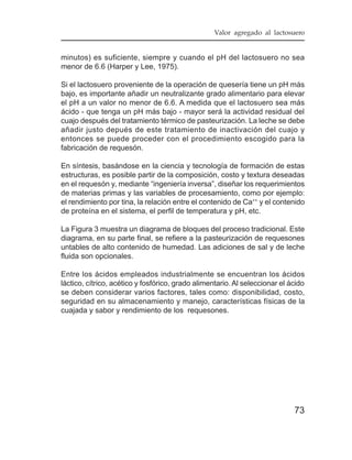 Valor agregado al lactosuero


minutos) es suficiente, siempre y cuando el pH del lactosuero no sea
menor de 6.6 (Harper y Lee, 1975).

Si el lactosuero proveniente de la operación de quesería tiene un pH más
bajo, es importante añadir un neutralizante grado alimentario para elevar
el pH a un valor no menor de 6.6. A medida que el lactosuero sea más
ácido - que tenga un pH más bajo - mayor será la actividad residual del
cuajo después del tratamiento térmico de pasteurización. La leche se debe
añadir justo depués de este tratamiento de inactivación del cuajo y
entonces se puede proceder con el procedimiento escogido para la
fabricación de requesón.

En síntesis, basándose en la ciencia y tecnología de formación de estas
estructuras, es posible partir de la composición, costo y textura deseadas
en el requesón y, mediante “ingeniería inversa”, diseñar los requerimientos
de materias primas y las variables de procesamiento, como por ejemplo:
el rendimiento por tina, la relación entre el contenido de Ca++ y el contenido
de proteína en el sistema, el perfil de temperatura y pH, etc.

La Figura 3 muestra un diagrama de bloques del proceso tradicional. Este
diagrama, en su parte final, se refiere a la pasteurización de requesones
untables de alto contenido de humedad. Las adiciones de sal y de leche
fluida son opcionales.

Entre los ácidos empleados industrialmente se encuentran los ácidos
láctico, cítrico, acético y fosfórico, grado alimentario. Al seleccionar el ácido
se deben considerar varios factores, tales como: disponibilidad, costo,
seguridad en su almacenamiento y manejo, características físicas de la
cuajada y sabor y rendimiento de los requesones.




                                                                             73
 