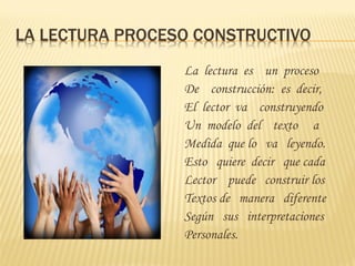 LA LECTURA PROCESO CONSTRUCTIVO
                 La lectura es un proceso
                 De construcción: es decir,
                 El lector va construyendo
                 Un modelo del texto a
                 Medida que lo va leyendo.
                 Esto quiere decir que cada
                 Lector puede construir los
                 Textos de manera diferente
                 Según sus interpretaciones
                 Personales.
 