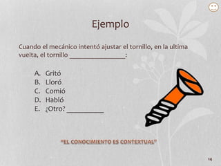 14
Ejemplo
Cuando el mecánico intentó ajustar el tornillo, en la ultima
vuelta, el tornillo ________________:
A. Gritó
B. Lloró
C. Comió
D. Habló
E. ¿Otro? __________
 
