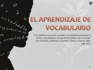 8
“Las palabras encarnan el poder, las palabras propulsan la
acción y las palabras nos permiten hablar, leer y escribir
con claridad, confianza y encanto” (Duin y Graves, 1987,
pág. 312).
 