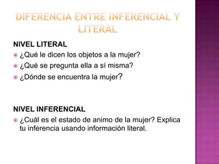 NIVEL LITERAL
 ¿Qué le dicen los objetos a la mujer?
 ¿Qué se pregunta ella a sí misma?


¿Dónde se encuentra la mujer?

NIVEL INFERENCIAL
 ¿Cuál es el estado de animo de la mujer? Explica
tu inferencia usando información literal.

 