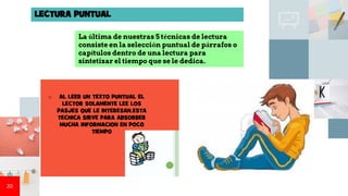 20
LECTURA PUNTUAL
La última de nuestras 5 técnicas de lectura
consiste en la selección puntual de párrafos o
capítulos dentro de una lectura para
sintetizar el tiempo que se le dedica.
o AL LEER UN TEXTO PUNTUAL EL
LECTOR SOLAMENTE LEE LOS
PASJES QUE LE INTERESAN.ESTA
TECNICA SIRVE PARA ABSORBER
MUCHA INFORMACION EN POCO
TIEMPO
 