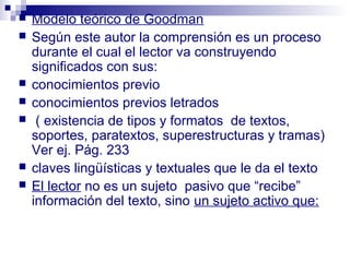    Modelo teórico de Goodman
   Según este autor la comprensión es un proceso
    durante el cual el lector va construyendo
    significados con sus:
   conocimientos previo
   conocimientos previos letrados
    ( existencia de tipos y formatos de textos,
    soportes, paratextos, superestructuras y tramas)
    Ver ej. Pág. 233
   claves lingüísticas y textuales que le da el texto
   El lector no es un sujeto pasivo que “recibe”
    información del texto, sino un sujeto activo que:
 