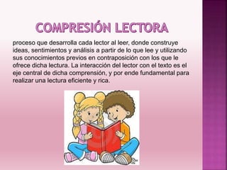 proceso que desarrolla cada lector al leer, donde construye
ideas, sentimientos y análisis a partir de lo que lee y utilizando
sus conocimientos previos en contraposición con los que le
ofrece dicha lectura. La interacción del lector con el texto es el
eje central de dicha comprensión, y por ende fundamental para
realizar una lectura eficiente y rica.
 