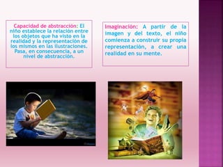 Capacidad de abstracción: El
niño establece la relación entre
los objetos que ha visto en la
realidad y la representación de
los mismos en las ilustraciones.
Pasa, en consecuencia, a un
nivel de abstracción.
Imaginación: A partir de la
imagen y del texto, el niño
comienza a construir su propia
representación, a crear una
realidad en su mente.
 
