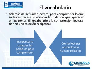 El vocabulario
• Además de la fluidez lectora, para comprender lo que
se lee es necesario conocer las palabras que aparecen
en los textos. El vocabulario y la comprensión lectora
tienen una relación recíproca:
Es necesario
conocer las
palabras para
comprender.
Con la lectura
aprendemos
nuevas palabras
 