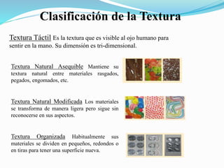 Clasificación de la Textura
Textura Táctil Es la textura que es visible al ojo humano para
sentir en la mano. Su dimensión es tri-dimensional.
Textura Natural Asequible Mantiene su
textura natural entre materiales rasgados,
pegados, engomados, etc.
Textura Natural Modificada Los materiales
se transforma de manera ligera pero sigue sin
reconocerse en sus aspectos.
Textura Organizada Habitualmente sus
materiales se dividen en pequeños, redondos o
en tiras para tener una superficie nueva.
 