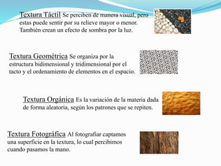Textura Táctil Se perciben de manera visual, pero
estas puede sentir por su relieve mayor o menor.
También crean un efecto de sombra por la luz.
Textura Geométrica Se organiza por la
estructura bidimensional y tridimensional por el
tacto y el ordenamiento de elementos en el espacio.
Textura Fotográfica Al fotografiar captamos
una superficie en la textura, lo cual percibimos
cuando pasamos la mano.
Textura Orgánica Es la variación de la materia dada
de forma aleatoria, según los patrones que se repiten.
 
