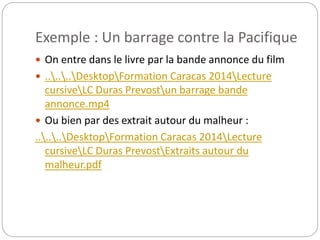 Exemple : Un barrage contre la Pacifique 
 On entre dans le livre par la bande annonce du film 
 ......DesktopFormation Caracas 2014Lecture 
cursiveLC Duras Prevostun barrage bande 
annonce.mp4 
 Ou bien par des extrait autour du malheur : 
......DesktopFormation Caracas 2014Lecture 
cursiveLC Duras PrevostExtraits autour du 
malheur.pdf 
 