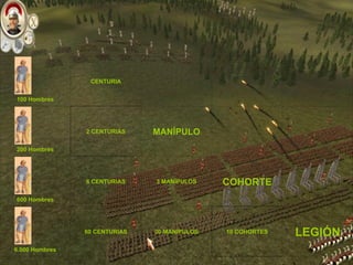   LEGIÓN 10 COHORTES 30 MANÍPULOS 60 CENTURIAS                  6.000 Hombres COHORTE 3 MANÍPULOS 6 CENTURIAS                  600 Hombres     MANÍPULO 2 CENTURIAS                  200 Hombres       CENTURIA                  100 Hombres 