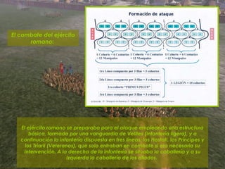 El combate del ejército romano:  El ejército romano se preparaba para el ataque empleando una estructura básica, formada por una vanguardia de Velites (infantería ligera), y a continuación la infantería dispuesta en tres líneas: los Hastati, los Príncipes y los Triarii (Veteranos), que solo entraban en combate si era necesaria su intervención. A la derecha de la infantería se situaba la caballería y a su izquierda la caballería de los aliados.  