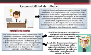 Responsabilidad del albacea
El cargo de albacea conlleva unas responsabilidades, de este
modo ante el incumplimiento o mal cumplimiento de lo
marcado en el testamento, responderá legalmente por ello si
ha mediado dolo o negligencia por su parte. Si son varios los
albaceas que hayan tenido parte en un asunto concreto,
obviamente la responsabilidad por sus actos será
mancomunada. En ningún caso, en el testamento el
testador podrá exonerar de responsabilidad en el ejercicio
del encargo a los albaceas que nombre
Rendición de cuentas
Los albaceas deben dar cuenta de su encargo a los
herederos. Si hubieran sido nombrados, no para
entregar los bienes a herederos determinados, sino
para darles la inversión o distribución que el
testador hubiese dispuesto en los casos permitidos
por derecho, rendirán sus cuentas al juez. Se
considerará nula toda disposición del testador
contraria a esta obligación
Rendición de cuentas extrajudicial,
que puede realizarse mediante
acuerdo privado, acta notarial, acto
de jurisdicción voluntaria
Rendición de cuentas judicial, que
solamente tiene lugar en los
supuestos señalados por ley y se
ajusta a los actos de jurisdicción
voluntaria, con audiencia del
ministerio fiscal
 