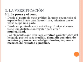 3. LA VERSIFICACIÓN
3.1. La prosa y el verso
- Desde el punto de vista gráfico, la prosa ocupa todo el
  espacio destinado para la escritura, mientras que el
  verso ocupa una parte.
- Desde un punto de vista acústico y rítmico, el verso
  tiene una distribución regular para crear
  musicalidad.
- Los elementos que producen el ritmo característico del
  lenguaje poético son: medida, rima, disposición de
  acentos y pausas, encabalgamientos, esquema
  métrico de estrofas y poemas.
 