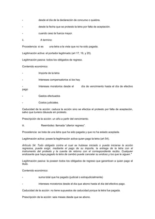 -             desde el día de la declaración de concurso o quiebra.

-             desde la fecha que se protesto la letra por falta de aceptación.

-             cuando ceso la fuerza mayor.

ii.             A termino:

Procedencia: si es      una letra a la vista que no ha sido pagada.

Legitimación activa: el portador legitimado (art 17, 19, y 20).

Legitimación pasiva: todos los obligados de regreso.

Contenido económico:

-             Importe de la letra

-             Intereses compensatorios si los hay

-             Intereses moratorios desde el          día de vencimiento hasta el día de efectivo
pago

-             Gastos efectuados

-             Costos judiciales.

Caducidad de la acción: caduca la acción sino se efectúa el protesto por falta de aceptación,
salvo que tuviera cláusula sin protesto.

Prescripción de la acción: un año a partir del vencimiento.

iii.             Reembolso: llamada “ulterior regreso”.

Procedencia: se trata de una letra que ha sido pagada y que no ha estado aceptada.

Legitimación activa: posee la legitimación activa quien pago la letra (art 54).

Artículo 54: Todo obligado contra el cual se hubiese iniciado o pueda iniciarse la acción
regresiva, puede exigir, mediante el pago de su importe, la entrega de la letra con el
instrumento del protesto y la cuenta de retorno con el correspondiente recibo. Cualquier
endosante que haya pagado la letra de cambio puede cancelar su endoso y los que le siguen."

Legitimación pasiva: la poseen todos los obligados de regreso que garanticen a quien pago el
titulo.

Contenido económico:

-             suma total que ha pagado (judicial o extrajudicialmente)

-             intereses moratorios desde el día que abono hasta el día del efectivo pago.

Caducidad de la acción: no tiene supuestos de caducidad porque la letra fue pagada.

Prescripción de la acción: seis meses desde que se abono.
 