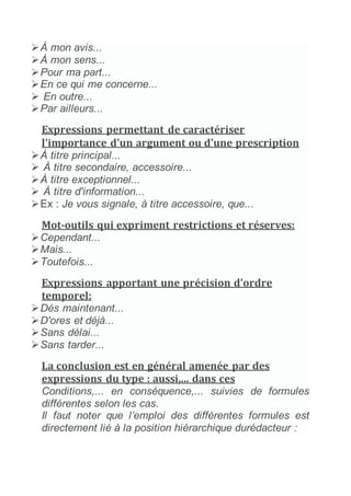 À mon avis...
À mon sens...
Pour ma part...
En ce qui me concerne...
 En outre...
Par ailleurs...
Expressions permettant de caractériser
l'importance d'un argument ou d'une prescription
À titre principal...
 À titre secondaire, accessoire...
À titre exceptionnel...
 À titre d'information...
Ex : Je vous signale, à titre accessoire, que...
Mot-outils qui expriment restrictions et réserves:
Cependant...
Mais...
Toutefois...
Expressions apportant une précision d'ordre
temporel:
Dès maintenant...
D'ores et déjà...
Sans délai...
Sans tarder...
La conclusion est en général amenée par des
expressions du type : aussi,... dans ces
Conditions,... en conséquence,... suivies de formules
différentes selon les cas.
Il faut noter que l’emploi des différentes formules est
directement lié à la position hiérarchique durédacteur :
 