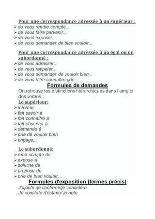 Pour une correspondance adressée à un supérieur :
de vous rendre compte...
de vous faire parvenir...
de vous exposer...
de vous demander de bien vouloir...
Pour une correspondance adressée à un égal ou un
subordonné :
de vous adresser...
de vous rappeler...
de vous demander de vouloir bien...
de vous faire connaître que...
Formules de demandes
On retrouve les distinctions hiérarchiques dans l'emploi
des verbes :
Le supérieur:
informe
fait savoir à
fait connaître à
fait observer à
demande à
prie de vouloir bien
engage...
Le subordonné:
rend compte de
expose à
sollicite de
propose de
prie de bien vouloir…
Formules d'exposition (termes précis)
J’ajoute /je confirme/je considère
Je constate /j'estime/ je note
 