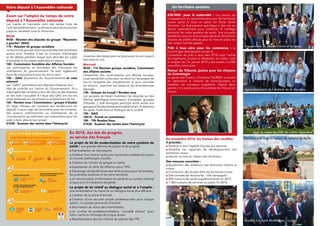 Votre député à l'Assemblée nationale
Zoom sur l'emploi du temps de votre
député à l'Assemblée nationale
Les mardis et mercredis sont des temps forts de
l’activité parlementaire. La semaine peut se poursuivre
jusqu’au vendredi voire le dimanche.
Mardi
9h30 - Réunion des députés du groupe "Répondre
à gauche" (RAG)
11h - Réunion de groupe socialiste
La réunion du groupe réunit tous les députés socialistes
autour d'un ministre. C’est un moment d’échanges
et de débats pendant lequel sont abordés les sujets
d’actualité et les textes examinés en séance.
14h - Commission Socialiste des Affaires Sociales
Les commissaires se réunissent afin d’évoquer les
orientations du gouvernement. Ils sont également
force de propositions pour les lois à venir.
15h - QAG (Questions Au Gouvernement) et vote
solennel
Les "QAG" permettent aux députés d’exercer leur
rôle de contrôle sur l’action du Gouvernement. Ils y
interrogent les ministres à tour de rôle sur des dossiers
en lien avec l’actualité. A l’issue des QAG ont lieu les
votes solennels sur les projets et propositions de loi.
16h - Rendez-vous / Commissions / groupe d'études
Un large créneau est consacré aux rendez-vous du
député. Il peut s’agir de rencontres avec les ministres,
des acteurs institutionnels ou d’entreprise de la
circonscription qui sollicitent son intervention pour les
aider à faire aboutir leur projet.
21h30 - Examen des textes dans l’hémicycle
L’examen des textes peut se poursuivre le soir jusqu’à
tard dans la nuit.
Mercredi
9h30 - 11h Réunion groupe socialiste, Commission
des affaires sociales
L’ensemble des commissaires aux affaires sociales,
toute sensibilité confondue, se réunit sur les projets de
lois et l'actualité afin d’auditionner et ainsi contrôler
les actions ; examiner les textes et les amendements
déposés.
14h - Groupe de travail / Rendez-vous
Les groupes de travail mobilisent les députés sur des
thèmes spécifiques (commission d'enquête, groupes
d'études...) Joël Aviragnet participe entre autres aux
groupesd'EtudesArtisanatetmétiersd’art,Professions
de santé, Forêt-bois et Politique de la ruralité.
15h - QAG
16h15 - Travail en commission
18h - 19h Rendez-Vous
21h30 - Examen des textes dans l'hémicycle
En 2015, des lois de progrès,
au service des français
Le projet de loi de modernisation de notre système de
santé : une grande réforme de justice et de progrès.
l	Généralisation du tiers-payant.
l	Création d’un droit à l’oubli pour les anciens malades du cancer
et d’autres pathologies lourdes.
l	Création de l’action de groupe en santé.
l Suppression du délai de réflexion pour l’IVG.
l	Davantage de bénéficiaires des tarifs sociaux pour les lunettes,
les prothèses auditives et les soins dentaires.
l	Un service public d'information en santé et un numéro national
unique pour la médecine de garde.
Le projet de loi relatif au dialogue social et à l’emploi :
une revalorisation du travail et un dialogue social plus efficace.
l	Création de la prime d’activité.
l	Création d’une sécurité sociale professionnelle pour chaque
salarié : le compte personnel d’activité.
l	Sécurisation du statut des intermittents.
l	Un contrat de professionnalisation "nouvelle chance" pour
lutter contre le chômage de longue durée.
l	Représentation des 4,6 millions de salariés des TPE.
En novembre 2014, les Assises des ruralités
3 priorités :
l	Garantir à tous l’égalité d’accès aux services.
l	Amplifier les capacités de développement des
territoires ruraux.
l	Assurer la mise en réseau des territoires.
Des mesures concrètes :
l	Ajustement des dotations des territoires urbains et
ruraux.
l	Connection des écoles dans les territoires ruraux.
l	Des contrats de réciprocité "ville-campagne".
l	200 maisons de santé supplémentaires en 2015.
l	1 000 maisons de services au public fin 2016.
Un territoire soutenu
630.000€ pour la maternité : une preuve de
l'engagement du gouvernement pour les territoires
ruraux après la mise en place du Pacte Santé
Territoire. Ce financement spécifique a été mis en
œuvre nationalement pour améliorer le maillage
territorial de notre système de santé. Une nouvelle
satisfaction pour le Comminges après les 30 millions
d'euros de crédits alloués pour la mise en place du
site unique l'année passée.
Prêt à taux zéro pour les communes : le
Comminges directement concerné
L’ouverture du prêt à taux zéro (PTZ) pour l’achat
de logements anciens à réhabiliter en milieu rural
à compter du 1er janvier 2015 a été ouvert à 6 000
nouvelles communes.
Retour du Tribunal, justice pour les citoyens
du Comminges
La garde des Sceaux, Christiane TAUBIRA a rouvert
en septembre le tribunal de Saint-Gaudens en
installant les nouveaux magistrats. Depuis deux
siècles il n'y avait pas eu d'ouverture de tribunal en
France.
Inauguration du Musée Forum d'Aurignac
Avec la classe de CM2 de Lafitte Vigordane
Agrandissement de l'abattoir de St-Gaudens
Soutien à la ligne Montréjeau / Luchon
Première pierre de la maison de retraite de Bérat
Visite de l'E.S.A.T. Les Atelier du Comminges
 