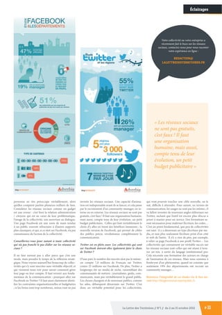 Éclairages




                                                                                                                                     Votre collectivité ou votre entreprise a
                                                                                                                                     récemment fait le buzz sur les réseaux
                                                                                                                                  sociaux, contactez-nous pour nous raconter
                                                                                                                                           votre expérience en ligne :

                                                                                                                                            REDACTION@
                                                                                                                                     LALETTREDESTERRITOIRES.FR




                                                                                                                               « Les réseaux sociaux
                                                                                                                               ne sont pas gratuits,
                                                                                                                               c’est faux ! Il faut
                                                                                                                               une organisation
                                                                                                                               humaine, mais aussi,
                                                                                                                               compte tenu de leur
                                                                                                                               évolution, un petit
                                                                                                                               budget publicitaire »




personne ne s’en préoccupe véritablement, alors              investir les réseaux sociaux. Une capacité d’anima-        qui vont pouvoir toucher une cible nouvelle, on le
qu’elles comptent parfois plusieurs milliers de fans.        tion est indispensable avant de se lancer, et cela passe   sait, difficile à atteindre. Pour autant, en termes de
Considérer les réseaux sociaux comme un gadget               par le recrutement d’un community manager, en in-          communication, les usages ne sont pas les mêmes ; il
est une erreur : c’est bien la relation administration       terne ou en externe. Les réseaux sociaux ne sont pas       va falloir inventer de nouveaux angles éditoriaux sur
/ citoyens qui est au cœur de leur problématique,            gratuits, c’est faux ! Il faut une organisation humaine,   Twitter, sachant que l’outil est encore plus obscur a
l’image de la collectivité, son ouverture au dialogue.       mais aussi, compte tenu de leur évolution, un petit        priori à manier pour un novice. Des formations se-
Une page Facebook est une sorte de main tendue               budget publicitaire. Celles qui font véritablement le      ront nécessaires pour maîtriser l’écriture, les codes…
à un public souvent réfractaire à d’autres supports          choix d’y aller en tirent des bénéfices immenses ; la      C’est un point fondamental, que peu de collectivités
plus classiques, et qui, si ce n’est sur Facebook, n’a pas   nouvelle version de Facebook, qui permet de cibler         ont saisi : il y a désormais un type d’écriture par me-
connaissance de l’action de la collectivité.                 des publics précis, révolutionne complètement la           dia, et non plus seulement l’écriture print d’un côté
                                                             communication.                                             et web de l’autre. Il n’y a rien de pire, par exemple,
Conseilleriez-vous pour autant à toute collectivité                                                                     à relier sa page Facebook à son profil Twitter… Les
qui n’a pas franchi le pas d’aller sur les réseaux so-       Twitter est en plein essor. Les collectivités qui sont     collectivités qui connaissent un véritable succès sur
ciaux ?                                                      sur Facebook doivent-elles également faire le choix        les réseaux sociaux sont celles qui ont réussi à trou-
                                                             de Twitter ?                                               ver un ton, à sortir du langage institutionnel pur.
Il ne faut surtout pas y aller parce que c’est une                                                                      Cela nécessite une formation des acteurs en charge
mode, mais prendre le temps de la réflexion straté-          D’une part, le nombre des inscrits n’est pas le même :     de l’animation de ces réseaux. Mais nous sommes à
gique. Nous voyons aujourd’hui beaucoup de collec-           on compte 7,8 millions de Français sur Twitter,            l’embryon d’un phénomène, quand on constate que
tivités qui s’y sont inscrites sans véritable objectif, et   contre 25 millions sur Facebook. De plus, Twitter a        seulement 19% des départements ont recruté un
qui viennent nous voir pour savoir comment gérer             longtemps été un media de niche, rassemblant des           community manager…
leur page ou leur compte. Il faut revenir aux fonda-         communautés de métiers : journalistes, geeks, com-
mentaux de la communication : pourquoi aller sur             municants, mais pas véritablement le grand public.         Retrouvez l'intégralité de ces études via le lien sui-
Facebook ou Twitter ? Il faut aussi clairement identi-       Les choses changent et de nouveaux publics, comme          vant http://blogterritorial.expertpublic.fr
fier les contraintes organisationnelles et budgétaires       les ados, débarquent désormais sur Twitter. C’est
; si les freins sont trop nombreux, mieux vaut ne pas        donc un véritable potentiel pour les collectivités,




                                                                                                   La Lettre des Territoires // N°1 // du 2 au 15 octobre 2012             P 11
 