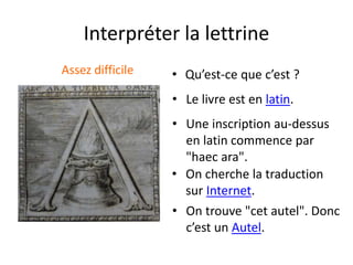 Interpréter la lettrine
Assez difficile • Qu’est-ce que c’est ?
• Une inscription au-dessus
en latin commence par
"haec ara".
• Le livre est en latin.
• On cherche la traduction
sur Internet.
• On trouve "cet autel". Donc
c’est un Autel.
 