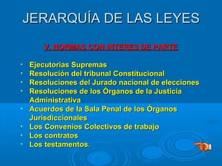 V. NORMAS CON INTERES DE PARTEV. NORMAS CON INTERES DE PARTE
• Ejecutorias SupremasEjecutorias Supremas
• Resolución del tribunal ConstitucionalResolución del tribunal Constitucional
• Resoluciones del Jurado nacional de eleccionesResoluciones del Jurado nacional de elecciones
• Resoluciones de los Órganos de la JusticiaResoluciones de los Órganos de la Justicia
AdministrativaAdministrativa
• Acuerdos de la Sala Penal de los ÓrganosAcuerdos de la Sala Penal de los Órganos
JurisdiccionalesJurisdiccionales
• Los Convenios Colectivos de trabajoLos Convenios Colectivos de trabajo
• Los contratosLos contratos
• Los testamentos.Los testamentos.
JERARQUÍA DE LAS LEYESJERARQUÍA DE LAS LEYES
 