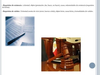 - Requisitos de existencia : voluntad, objeto (prestación: dar, hacer, no hacer), causa, solemnidades de existencia (requisitos
de forma).
- Requisitos de validez : Voluntad exenta de vicio (error, fuerza o dolo), objeto lícito, causa lícita y formalidades de validez.
 