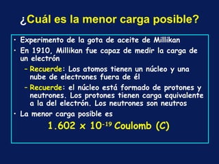 ¿ Cu á l es la menor carga posible? Experimento de la gota de aceite de Millikan En 1910, Millikan fue capaz de medir la carga de un electrón Recuerde : Los atomos tienen un núcleo y una nube de electrones fuera de él Recuerde : el núcleo está formado de protones y neutrones. Los protones tienen carga equivalente a la del electrón. Los neutrones son neutros La menor carga posible es  1.602 x 10 -19  Coulomb (C)   