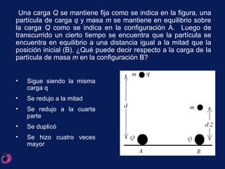 Una carga  Q  se mantiene fija como se indica en la figura, una partícula de carga  q  y masa  m  se mantiene en equilibrio sobre la carga  Q  como se indica en la configuración A.  Luego de transcurrido un cierto tiempo se encuentra que la partícula se encuentra en equilibrio a una distancia igual a la mitad que la posición inicial (B). ¿Qué puede decir respecto a la carga de la partícula de masa  m  en la configuración B?  Sigue siendo la misma carga q Se redujo a la mitad Se redujo a la cuarta parte Se duplicó Se hizo cuatro veces mayor 