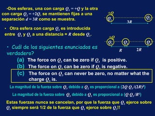 La magnitud de la fuerza sobre   Q 3   debido a   Q 2   es proporcional a  ( 2 Q   Q 3  /(2 R ) 2 )   La magnitud de la fuerza sobre  Q 3   debido a   Q 1   es proporcional a  ( Q   Q 3  / R 2 )   Estas fuerzas nunca se cancelan, por que la fuerza que  Q 2  ejerce sobre  Q 3  siempre ser á  1/2 de la fuerza que  Q 1  ejerce sobre  Q 3 !! Dos esferas, una con carga  Q 1   = + Q  y la otra con carga  Q 2  = +2 Q , se mantienen fijas a una separaci ó n  d   = 3 R  como se muestra.  Otra esfera con carga  Q 3  es introducida entre  Q 1  y  Q 2   a una distancia =  R  desde  Q 1 . Cu á l de los siguientes enunciados es verdadero? (a) (c) (b) The force on  Q 3  can be zero if  Q 3   is positive. The force on  Q 3  can be zero if  Q 3  is negative. The force on  Q 3  can never be zero, no matter what the  charge  Q 3  is. Q 2 Q 1 3 R + Q R Q 2 Q 1 + Q Q 3 2 R 