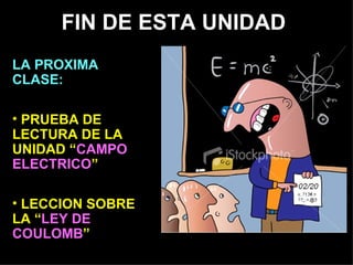 FIN DE ESTA UNIDAD LA PROXIMA CLASE: PRUEBA DE LECTURA DE LA UNIDAD “ CAMPO ELECTRICO ” LECCION SOBRE LA “ LEY DE COULOMB ” 