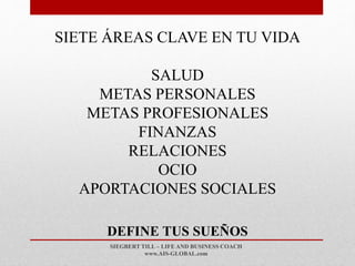 SIEGBERT TILL – LIFE AND BUSINESS COACH
www.AIS-GLOBAL.com
DEFINE TUS SUEÑOS
SIETE ÁREAS CLAVE EN TU VIDA
SALUD
METAS PERSONALES
METAS PROFESIONALES
FINANZAS
RELACIONES
OCIO
APORTACIONES SOCIALES
 