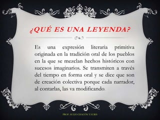 ¿QUÉ ES UNA LEYENDA?

Es una expresión literaria primitiva
originada en la tradición oral de los pueblos
en la que se mezclan hechos históricos con
sucesos imaginarios. Se transmiten a través
del tiempo en forma oral y se dice que son
de creación colectiva porque cada narrador,
al contarlas, las va modificando.



            PROF. SULIO CHACÓN YAURIS
 