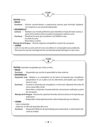CLASE 
5 
TEXTOS: Carta. 
• INICIO 
Escritura: - Activan conocimientos y experiencias previas para formular hipótesis 
con respecto a una situación planteada. 
• DESARROLLO 
Lectura: - Realizan una mirada preliminar para identificar el tipo de texto (carta), a 
partir de la silueta y leen recuadro recordatorio sobre la carta. 
Escritura: - Planifican la carta que escribirán a la CONADI u otro. 
CLASE 
6 
- Escriben la carta. 
- Reescriben su texto. 
Manejo de la lengua: - Revisan aspectos ortográficos a partir de una pauta. 
• CIERRE 
- Leen en voz alta su carta ante el curso y la editan en computador para publicarla. 
- Tarea para la casa de investigación de una leyenda propia del lugar en que viven. 
TEXTOS: Leyendas recopiladas por niñas y niños. 
• INICIO 
Escritura: - Responden por escrito lo aprendido la clase anterior. 
• DESARROLLO 
Expresión oral: - Relatan a su compañero (a) de banco la leyenda que recopilaron, 
apoyándose en un cuadro con los elementos principales que comple-taron 
en casa. 
Escritura: - Escriben la leyenda que recopilaron a nivel oral, utilizando fórmulas de 
inicio, desarrollo y final. 
- Reescriben su leyenda, incorporando las correcciones realizadas a partir 
de una pauta. 
Manejo de la lengua: - Revisan los aspectos formales de la escritura en la leyenda que 
redactaron. 
- Responden metacognitivamente sobre la leyenda que escribieron. 
• CIERRE 
- Leen su leyenda. 
- Elaboran un libro de leyendas del curso. 
Escritura: - Responden Bitácora de aprendizaje para autoevaluar su desempeño du-rante 
la unidad. 
 