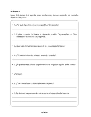 Actividad 4 
Luego de la lectura de la leyenda, pida a los alumnos y alumnas responder por escrito las 
siguientes preguntas: 
• 1. ¿Por qué el pueblo pehuenche pasó hambre ese año? 
• 2. Explica, a partir del texto, la siguiente oración: “Nguenechen, el Dios 
creador, no escuchaba las plegarias”. 
• 3. ¿Qué hizo el muchacho después de los consejos del anciano? 
• 4. ¿Cómo se cocinan los piñones antes de comerlos? 
• 5. ¿A quiénes crees tú que los pehuenche les colgaban regalos en las ramas? 
16 
• ¿Por qué? 
• 6. ¿Qué crees tú que quiere explicar esta leyenda? 
• 7. Escribe dos preguntas más que te gustaría hacer sobre la leyenda. 
 