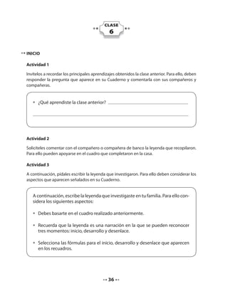 CLASE 
6 
36 
Inicio 
Actividad 1 
Invítelos a recordar los principales aprendizajes obtenidos la clase anterior. Para ello, deben 
responder la pregunta que aparece en su Cuaderno y comentarla con sus compañeros y 
compañeras. 
• ¿Qué aprendiste la clase anterior? 
Actividad 2 
Solicíteles comentar con el compañero o compañera de banco la leyenda que recopilaron. 
Para ello pueden apoyarse en el cuadro que completaron en la casa. 
Actividad 3 
A continuación, pídales escribir la leyenda que investigaron. Para ello deben considerar los 
aspectos que aparecen señalados en su Cuaderno. 
A continuación, escribe la leyenda que investigaste en tu familia. Para ello con-sidera 
los siguientes aspectos: 
• Debes basarte en el cuadro realizado anteriormente. 
• Recuerda que la leyenda es una narración en la que se pueden reconocer 
tres momentos: inicio, desarrollo y desenlace. 
• Selecciona las fórmulas para el inicio, desarrollo y desenlace que aparecen 
en los recuadros. 
 