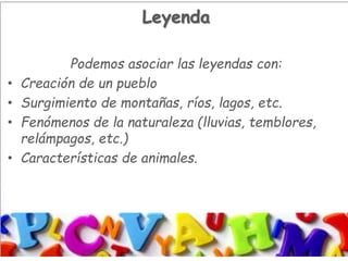 Leyenda
Podemos asociar las leyendas con:
• Creación de un pueblo
• Surgimiento de montañas, ríos, lagos, etc.
• Fenómenos de la naturaleza (lluvias, temblores,
relámpagos, etc.)
• Características de animales.
 