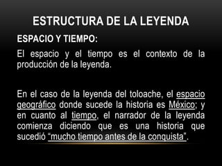 ESTRUCTURA DE LA LEYENDA
ESPACIO Y TIEMPO:
El espacio y el tiempo es el contexto de la
producción de la leyenda.
En el caso de la leyenda del toloache, el espacio
geográfico donde sucede la historia es México; y
en cuanto al tiempo, el narrador de la leyenda
comienza diciendo que es una historia que
sucedió “mucho tiempo antes de la conquista”.
 
