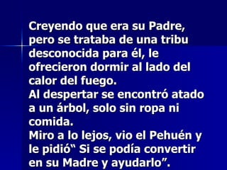 Creyendo que era su Padre, pero se trataba de una tribu desconocida para él, le ofrecieron dormir al lado del calor del fuego. Al despertar se encontró atado a un árbol, solo sin ropa ni comida. Miro a lo lejos, vio el Pehuén y le pidió“ Si se podía convertir en su Madre y ayudarlo”. 