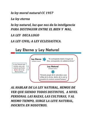 la ley moral natural CC 1957
La ley eterna
la ley natural, luz que nos da la inteligencia
PARA DISTINGUIR ENTRE EL BIEN Y MAL.
LA LEY DECA.LOGO
LA LEY CIVIL; A LEY ECLESIASTICA.
AL HABLAR DE LA LEY NATURAL, HEMOS DE
VER QUE SIENDO TODOS DISTINTOS, A NIVEL
PERSONAL LAS RAZAS, LAS CULTURAS, Y AL
MISMO TIEMPO, SURGE LA LEYE NATURAL,
INSCRITA EN NOSOTROS.
 