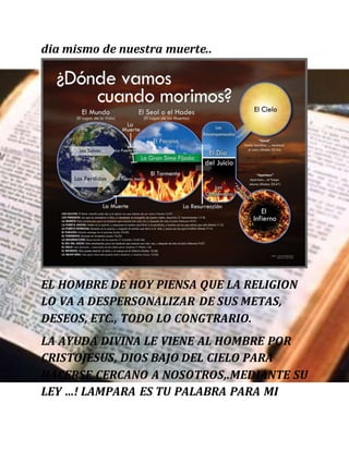 dia mismo de nuestra muerte..
EL HOMBRE DE HOY PIENSA QUE LA RELIGION
LO VA A DESPERSONALIZAR DE SUS METAS,
DESEOS, ETC., TODO LO CONGTRARIO.
LA AYUDA DIVINA LE VIENE AL HOMBRE POR
CRISTOJESUS, DIOS BAJO DEL CIELO PARA
HACERSE CERCANO A NOSOTROS,.MEDIANTE SU
LEY …! LAMPARA ES TU PALABRA PARA MI
 