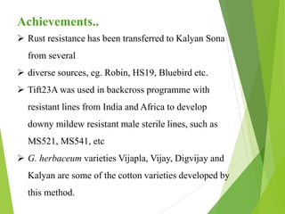 Achievements..
 Rust resistance has been transferred to Kalyan Sona
from several
 diverse sources, eg. Robin, HS19, Bluebird etc.
 Tift23A was used in backcross programme with
resistant lines from India and Africa to develop
downy mildew resistant male sterile lines, such as
MS521, MS541, etc
 G. herbaceum varieties Vijapla, Vijay, Digvijay and
Kalyan are some of the cotton varieties developed by
this method.
 