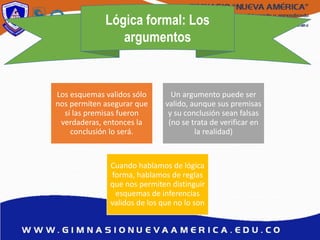 Lógica formal: Los
argumentos
Los esquemas validos sólo
nos permiten asegurar que
sí las premisas fueron
verdaderas, entonces la
conclusión lo será.
Un argumento puede ser
valido, aunque sus premisas
y su conclusión sean falsas
(no se trata de verificar en
la realidad)
Cuando hablamos de lógica
forma, hablamos de reglas
que nos permiten distinguir
esquemas de inferencias
validos de los que no lo son
 