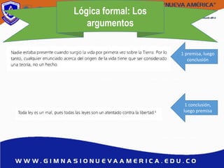 Lógica formal: Los
argumentos
1 premisa, luego
conclusión
1 conclusión,
luego premisa
 