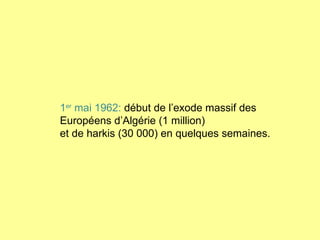 1 er  mai 1962:  début de l’exode massif des  Européens d’Algérie (1 million) et de harkis (30 000) en quelques semaines. 