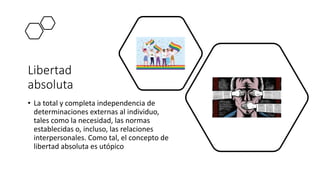 Libertad
absoluta
• La total y completa independencia de
determinaciones externas al individuo,
tales como la necesidad, las normas
establecidas o, incluso, las relaciones
interpersonales. Como tal, el concepto de
libertad absoluta es utópico
 