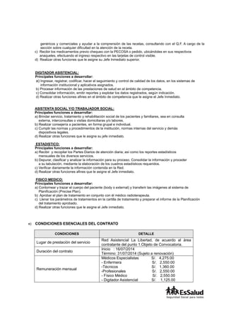 genéricos y comerciales y ayudar a la comprensión de las recetas, consultando con el Q.F. A cargo de la
sección sobre cualquier dificultad en la atención de la receta.
c) Recibir los medicamentos previo chequeo con la PECOSA o pedido, ubicándoles en sus respectivos
anaqueles, efectuando el ingreso respectivo en las tarjetas de control visible.
d) Realizar otras funciones que le asigne su Jefe Inmediato superior.
DIGITADOR ASISTENCIAL:
Principales funciones a desarrollar:
a) Ingresar, registrar, codificar, hacer el seguimiento y control de calidad de los datos, en los sistemas de
información institucional y aplicativos asignados.
b) Procesar información de las prestaciones de salud en el ámbito de competencia.
c) Consolidar información, emitir reportes y explotar los datos registrados, según indicación.
d) Realizar otras funciones afines en el ámbito de competencia que le asigne el Jefe Inmediato.
ASISTENTA SOCIAL Y/O TRABAJADOR SOCIAL:
Principales funciones a desarrollar:
a) Brindar servicio, tratamiento y rehabilitación social de los pacientes y familiares, sea en consulta
externa, interconsultas o visitas domiciliaras y/o labores.
b) Realizar consejería a pacientes, en forma grupal e individual.
c) Cumplir las normas y procedimientos de la institución, normas internas del servicio y demás
dispositivos legales.
d) Realizar otras funciones que le asigne su jefe inmediato.
ESTADISTICO:
Principales funciones a desarrollar:
a) Recibir y recopilar los Partes Diarios de atención diaria; así como los reportes estadísticos
mensuales de los diversos servicios.
b) Depurar, clasificar y analizar la información para su proceso. Consolidar la información y proceder
a su tabulación, mediante la elaboración de los cuadros estadísticos requeridos.
c) Verificar diariamente la información contenida en la Red.
d) Realizar otras funciones afines que le asigne el Jefe inmediato.
FISICO MEDICO:
Principales funciones a desarrollar:
a) Contornear y trazar el cuerpo del paciente (body o external) y transferir las imágenes al sistema de
Planificación (Precise Plan).
b) Aprobar el plan de tratamiento en conjunto con él médico radioterapeuta.
c) Llenar los parámetros de tratamientos en la cartilla de tratamiento y preparar el informe de la Planificación
del tratamiento aprobado.
d) Realizar otras funciones que le asigne el Jefe inmediato.
e) CONDICIONES ESENCIALES DEL CONTRATO
CONDICIONES DETALLE
Lugar de prestación del servicio
Red Asistencial La Libertad, de acuerdo al área
contratante del punto 1.Objeto de Convocatoria.
Duración del contrato
Inicio : 16/07/2014
Término: 31/07/2014 (Sujeto a renovación)
Remuneración mensual
Médicos Especialistas S/. 4,275.00
- Enfermera S/. 2,550.00
-Técnicos S/. 1,360.00
-Profesionales S/. 2,550.00
- Físico Médico S/. 2,550.00
- Digitador Asistencial S/. 1,125.00
 