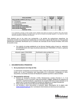 EVALUACIONES %
PUNTAJE
MÍNIMO
PUNTAJE
MÁXIMO
EVALUACIÓN CURRICULAR (Hoja de Vida) 30% 18 30
a. Formación:
b. Experiencia Laboral:
c. Capacitación:
EVALUACION PSICOTECNICA
EVALUACIÓN DE CONOCIMIENTOS 50% 26 50
EVALUACIÓN PERSONAL 20% 11 20
PUNTAJE TOTAL 100% 100
(*) La evaluación curricular no tiene puntaje mínimo estándar para todos los procesos en general. Para cada proceso
convocado se deberá establecer el puntaje mínimo que será la sumatoria del puntaje asignado a los criterios de menor
valoración planteado en cada factor de evaluación.
Cabe destacar que en los casos que corresponda y de aprobar las evaluaciones respectivas, los
postulantes recibirán las bonificaciones establecidas en la Normativa vigente (Bonificación por Discapacidad
debidamente sustentada, Bonificación por su condición de Licenciado de las Fuerzas Armadas, entre otros
de acuerdo a Ley).
 Con relación al puntaje establecido en las Normas Vigentes sobre el lugar de realización
del SERUMS dentro del mapa de pobreza elaborado por FONCODES, el criterio a aplicarse
es el siguiente:
Ubicación según FONCODES Bonificación sobre puntaje final
Quintil 1 15 %
Quintil 2 10%
Quintil 3 5%
Quintil 4 2%
Quintil 5 0
i) DOCUMENTACIÓN A PRESENTAR
1. De la presentación de la Hoja de Vida
La información consignada en el Curriculum Vitae u Hoja de Vida tiene carácter de declaración
jurada, por lo que el postulante será responsable de la información consignada en dicho
documento y se somete al proceso de fiscalización posterior que lleve a cabo la entidad.
2. Documentación adicional
a. Solicitud de Inscripción (Formato 1-CAS), Declaraciones Juradas (Formato 2, 3, 4 de
corresponder, 5 y 6) y Curriculum Vitae documentado y foliado, detallando los aspectos de
formación, experiencia laboral y capacitación de acuerdo a las instrucciones indicadas en la
página web, el cual será entregado de resultar pre calificado en la etapa Psicotécnica.
b. Copia simple del Documento Nacional de Identidad (DNI) vigente.
c. Los formatos y otros documentos a presentar deben descargarse de la página web:
www.essalud.gob.pe (link: Contratación Administrativa de Servicios-Convocatorias)
 