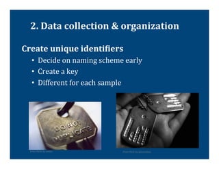 2.	
  Data	
  collection	
  &	
  organization	
  

Create	
  unique	
  identiTiers	
  
    •  Decide	
  on	
  naming	
  scheme	
  early	
  
    •  Create	
  a	
  key	
  
    •  Different	
  for	
  each	
  sample	
  




  From	
  Flickr	
  by	
  zebbie	
        From	
  Flickr	
  by	
  sjbresnahan	
  
 